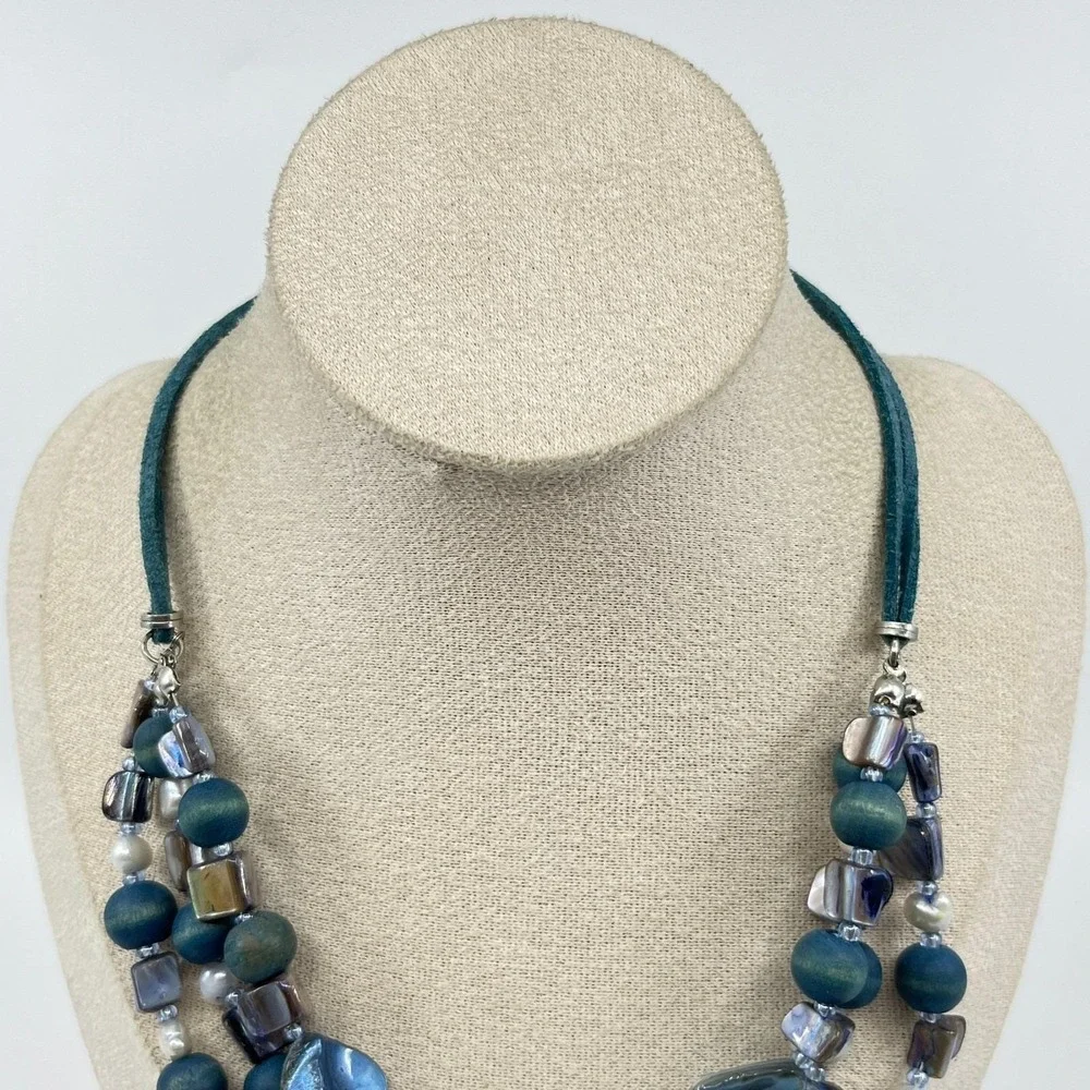 VTG Retro Boho Teal Multi-Strand Necklace Wood Mother Of Pearl Suede Y2K Coastal